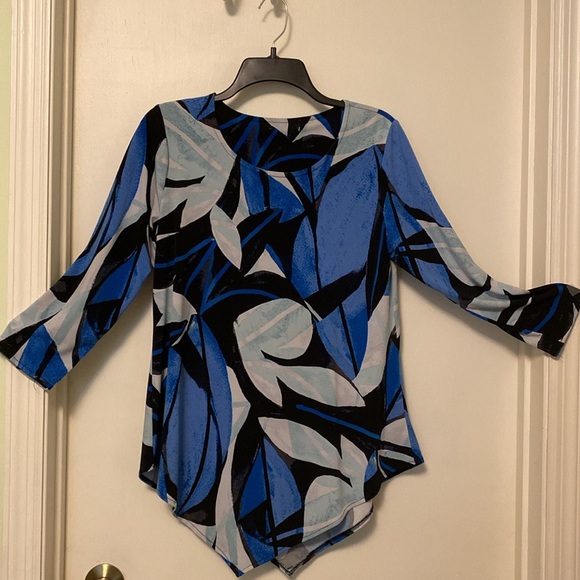 Alfani 3/4 sleeve scarf pointed hem, bold black, blue, white polyester S tunic - Picture 4 of 5
